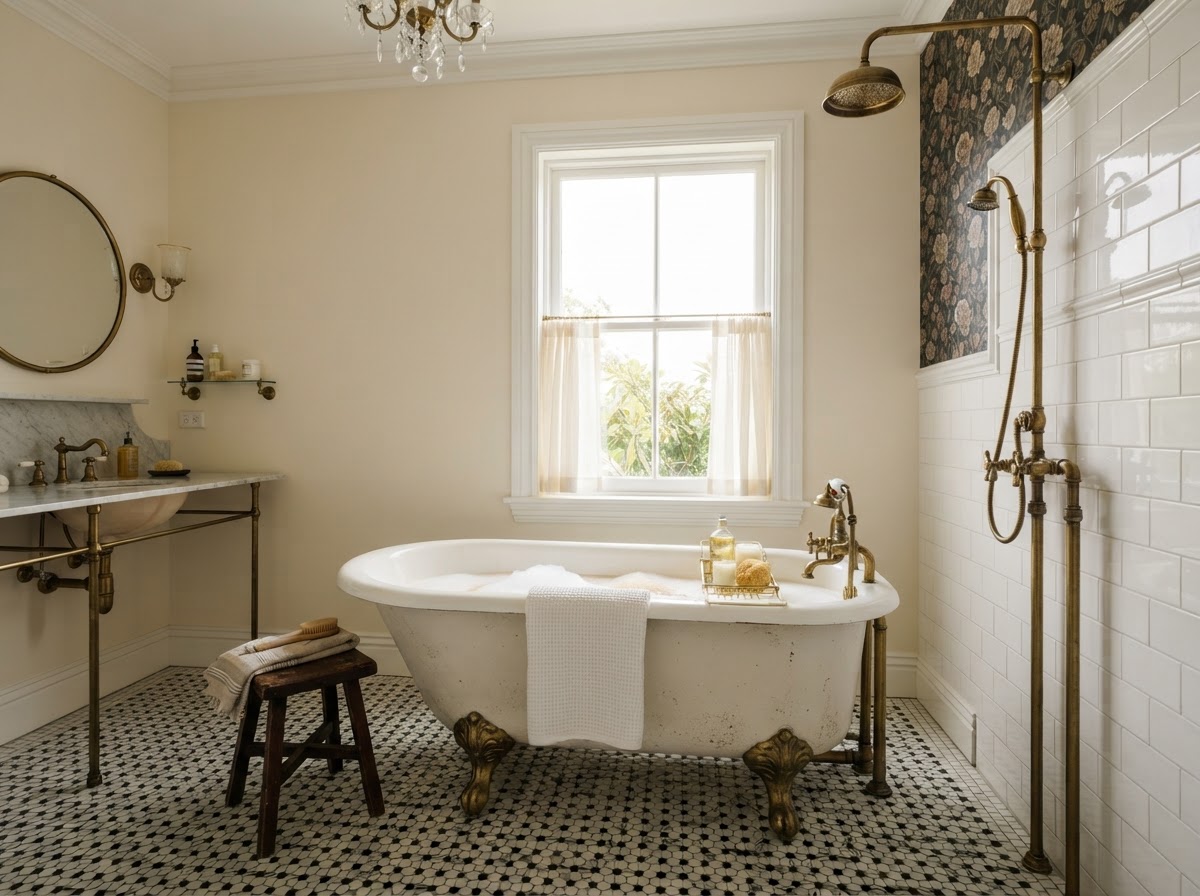 Vintage clawfoot tub with black and white floor tiles and brass shower