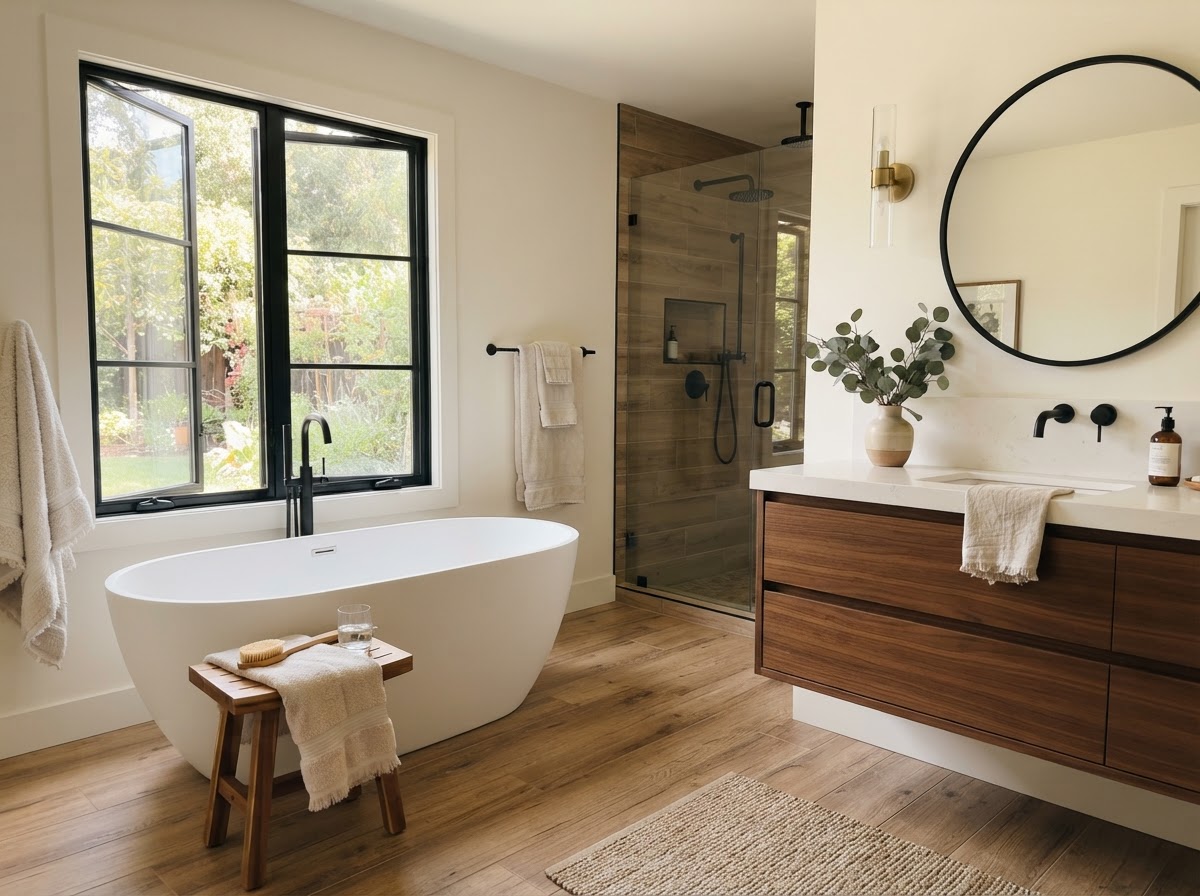 Wood-look porcelain tile floor with white walls and freestanding tub