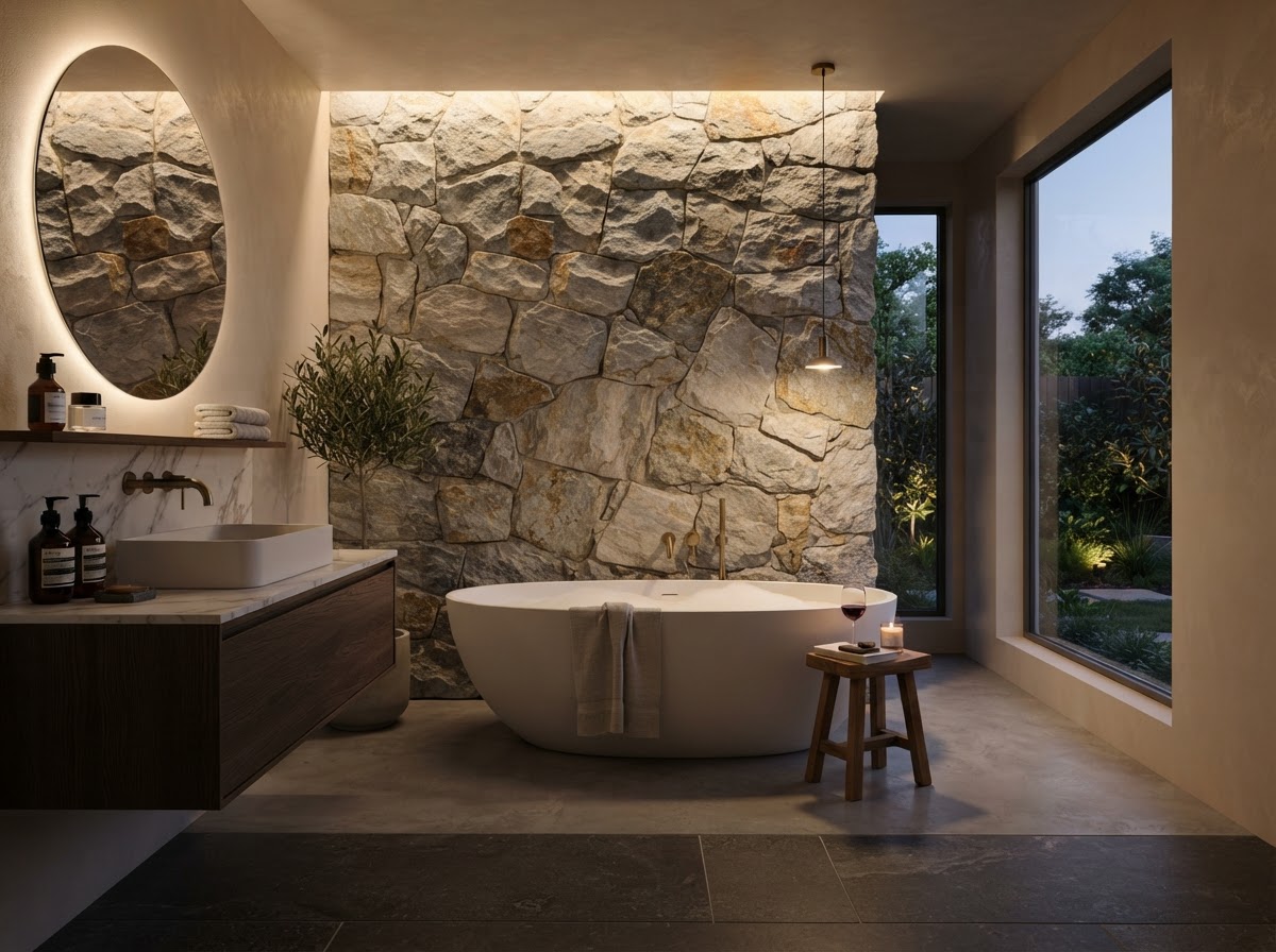 Stone accent wall with rough natural texture behind freestanding tub