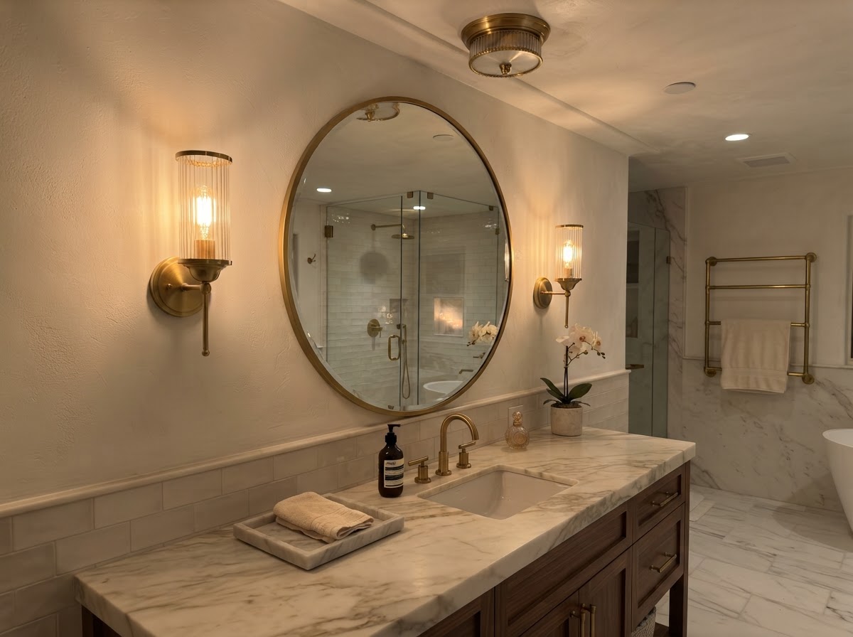 Brass wall sconces flanking mirror with warm glow over marble vanity