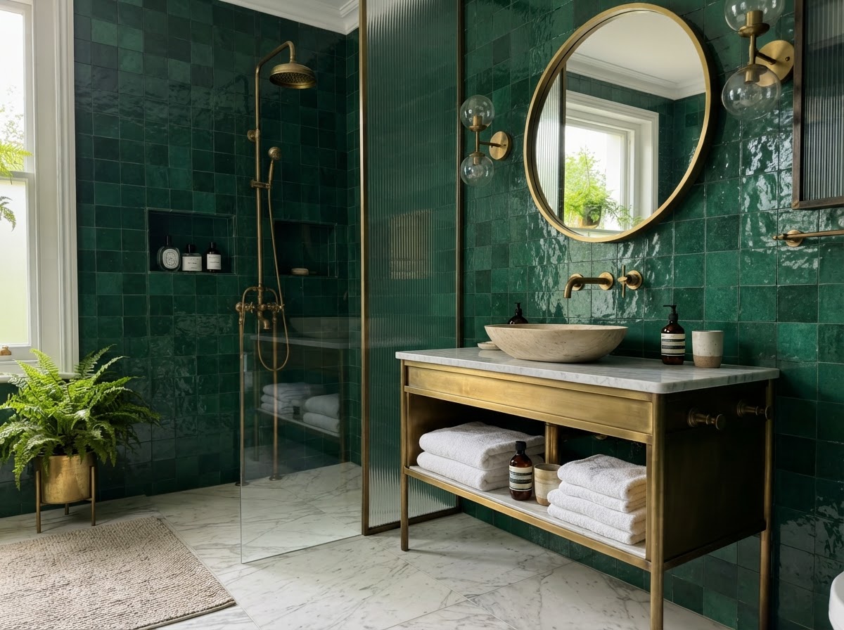 Emerald green glossy tile walls with brass fixtures and white marble floor