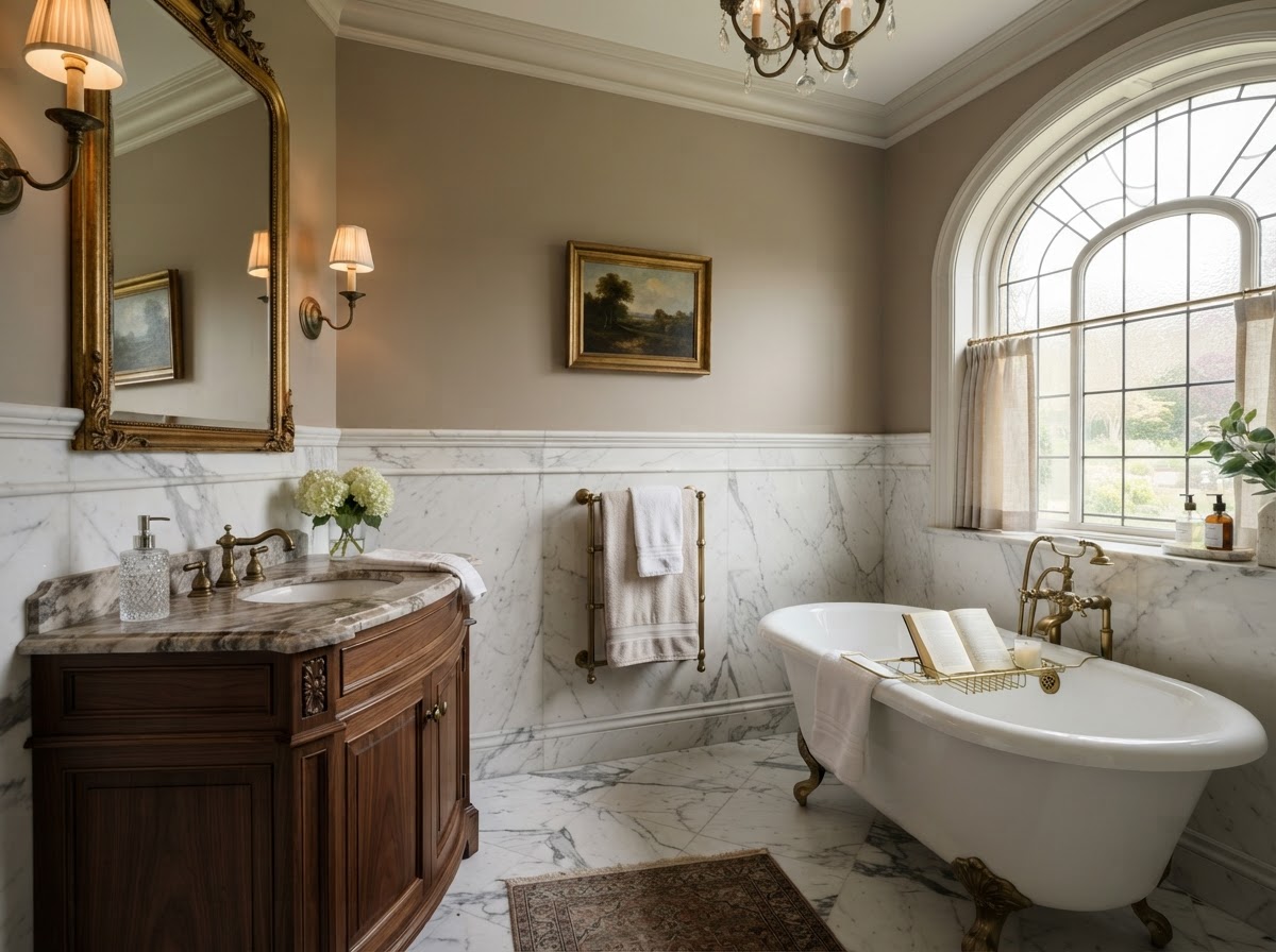 Marble wainscoting on lower walls with painted upper walls and elegant vanity