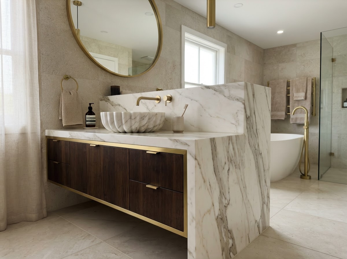 Marble waterfall edge countertop with vessel sink and gold faucet