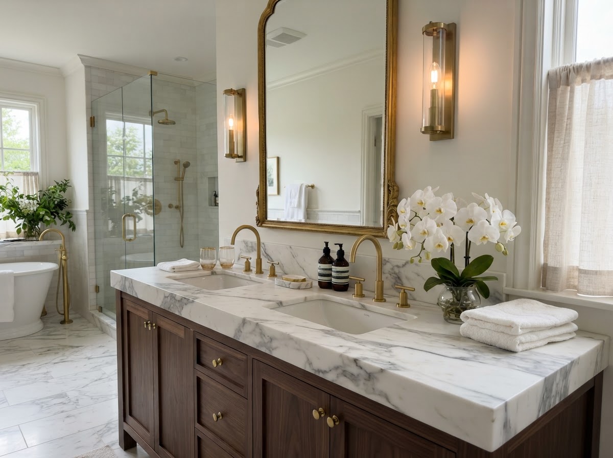 Double vanity with white marble countertop, gold faucets, and large mirror