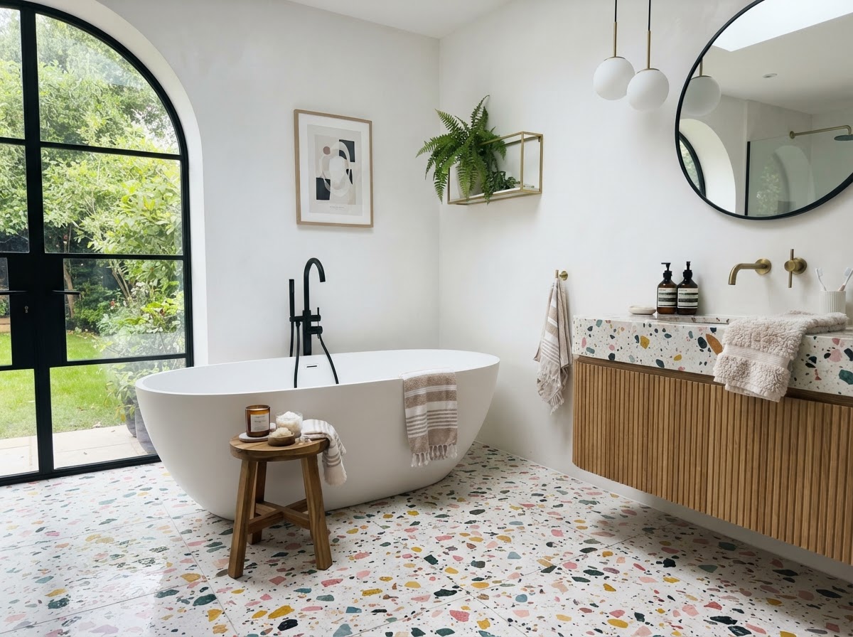 Terrazzo flooring with colorful speckled pattern and white walls