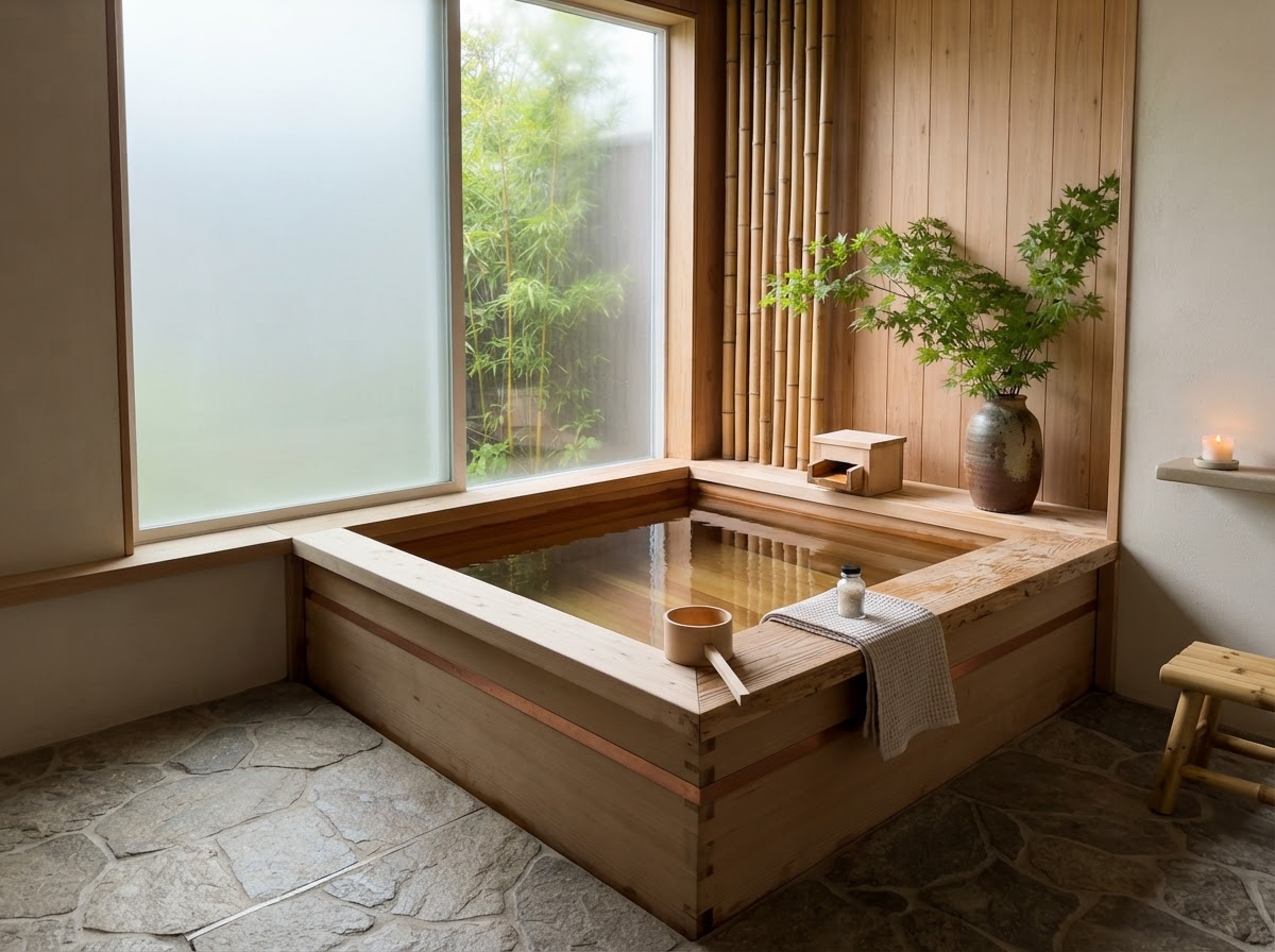 Japanese soaking tub with cedar surround and bamboo accents