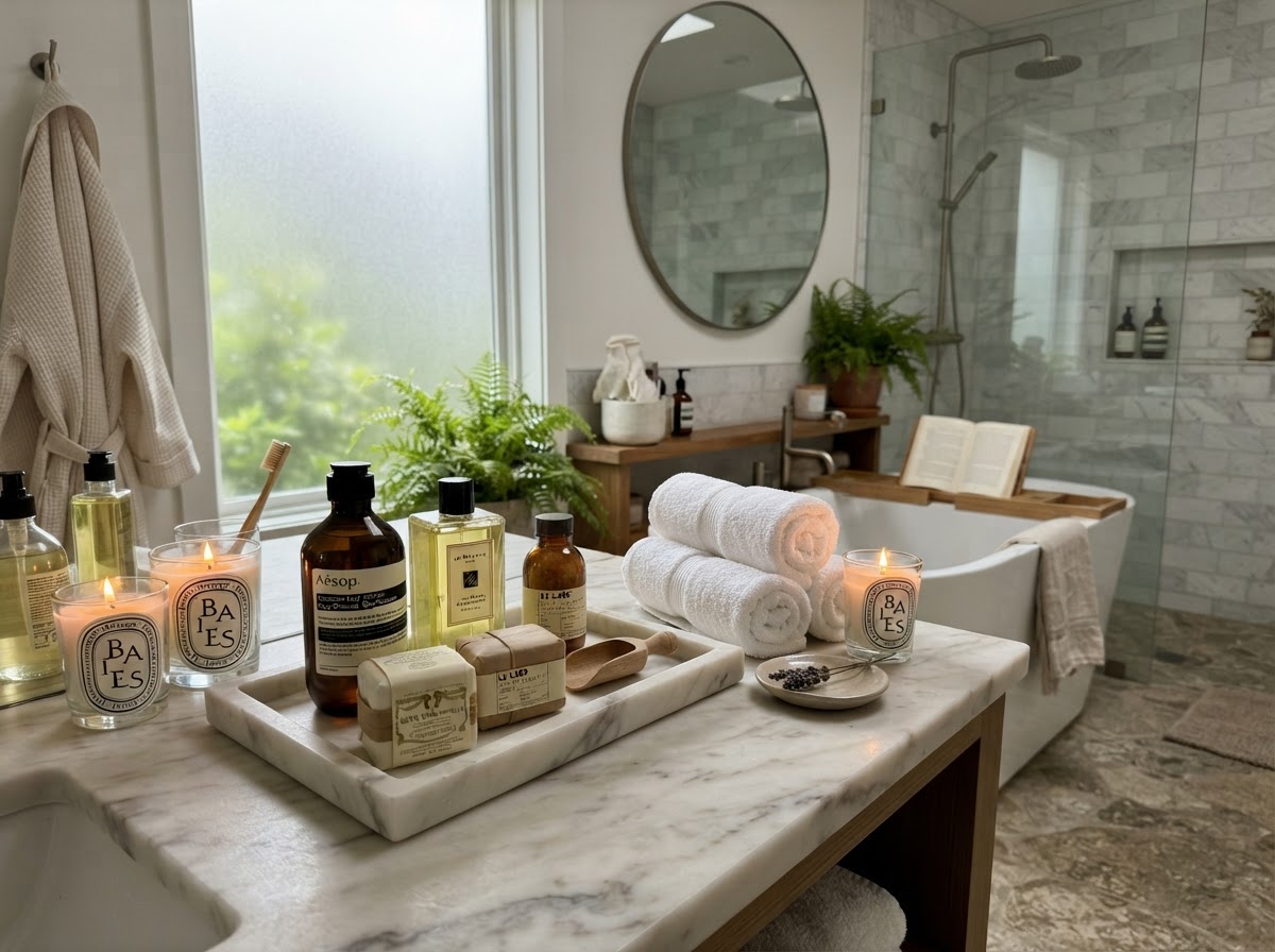Luxury bath products arranged on marble tray with candles and rolled towels