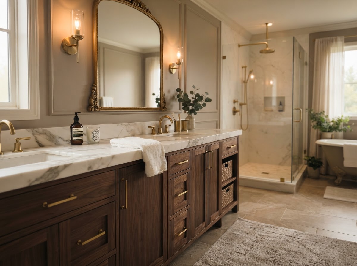 Dark wood walnut vanity with white marble countertop and gold hardware