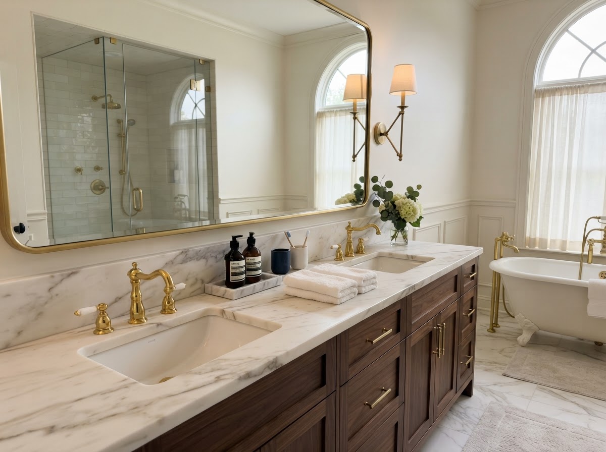 His and hers sinks on long marble vanity with gold faucets