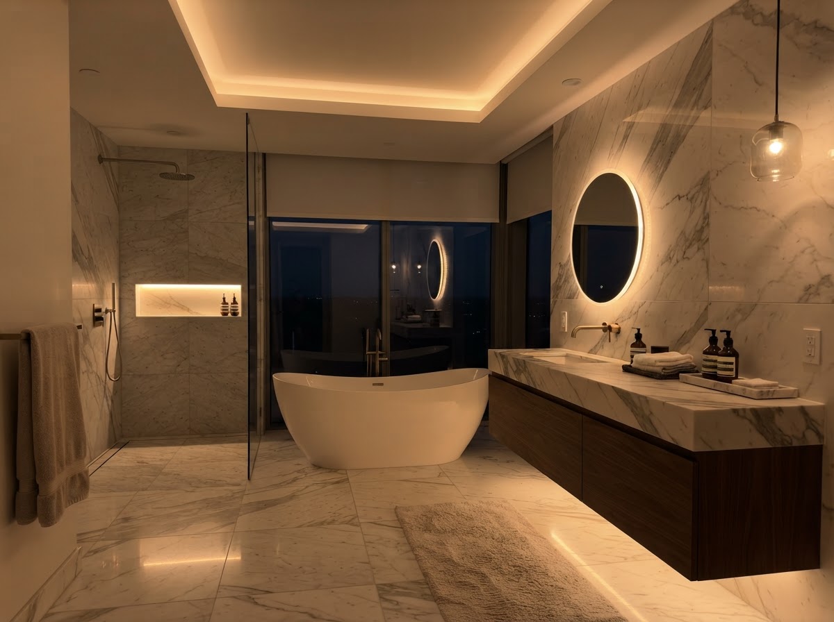Accent LED lighting strips under vanity and along ceiling