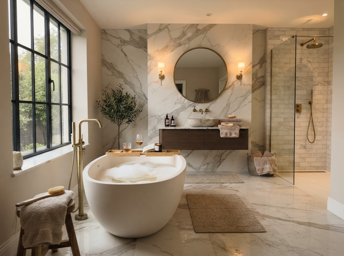 Luxury bathroom with heated marble floors and freestanding tub