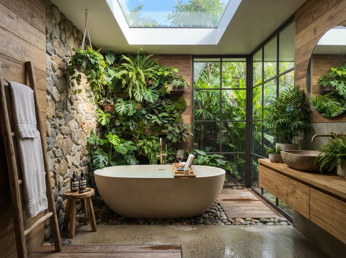 Outdoor-inspired bathroom with indoor plants, stone walls, and skylight