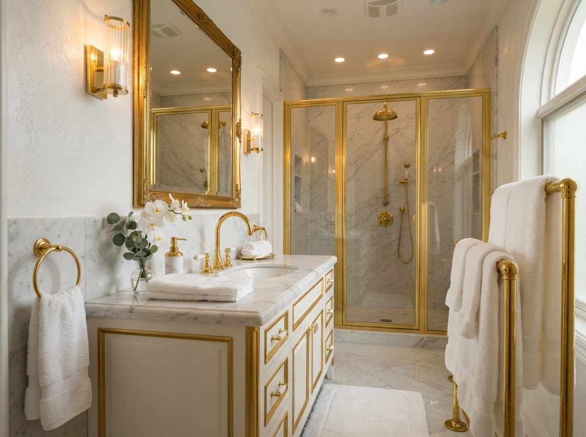 Luxury bathroom with gold accent fixtures, faucets, towel rails, and mirror frame