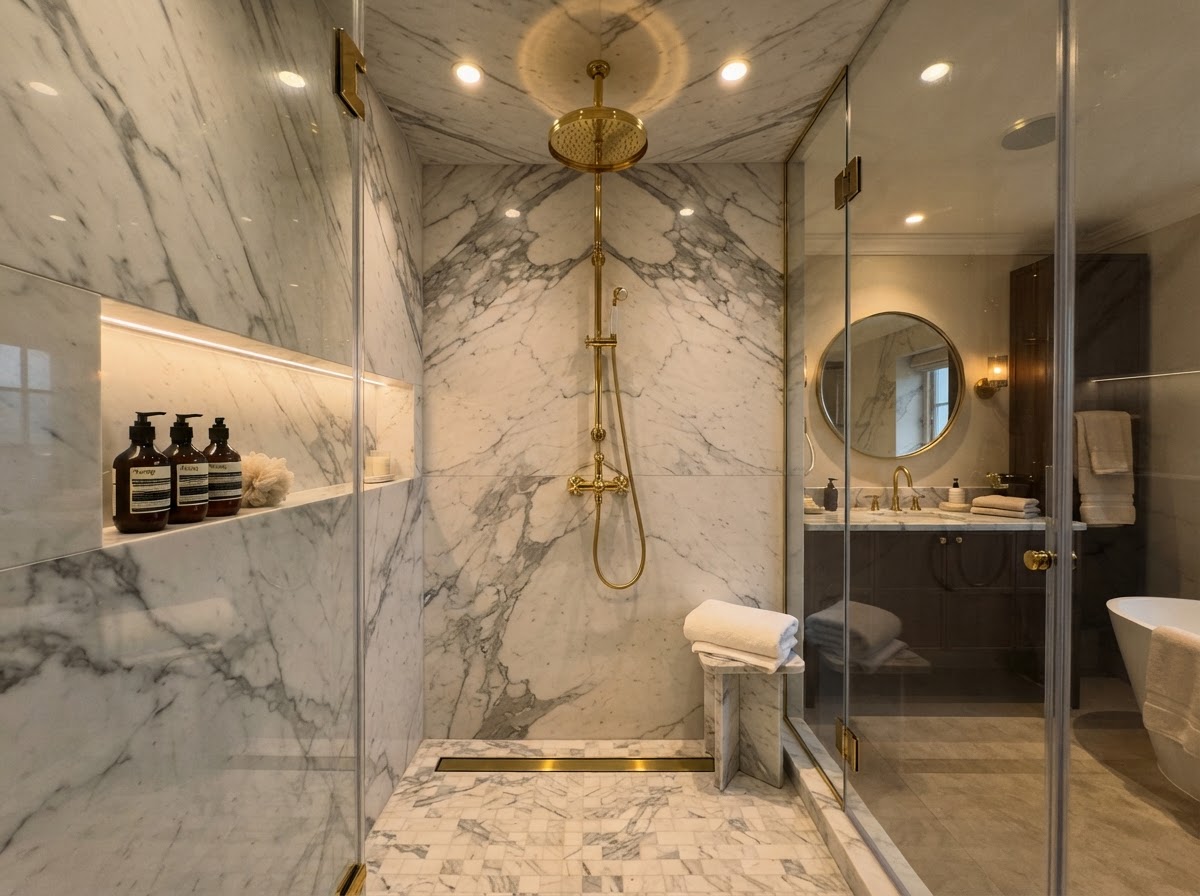 Gold rain shower head gleaming against white marble shower walls