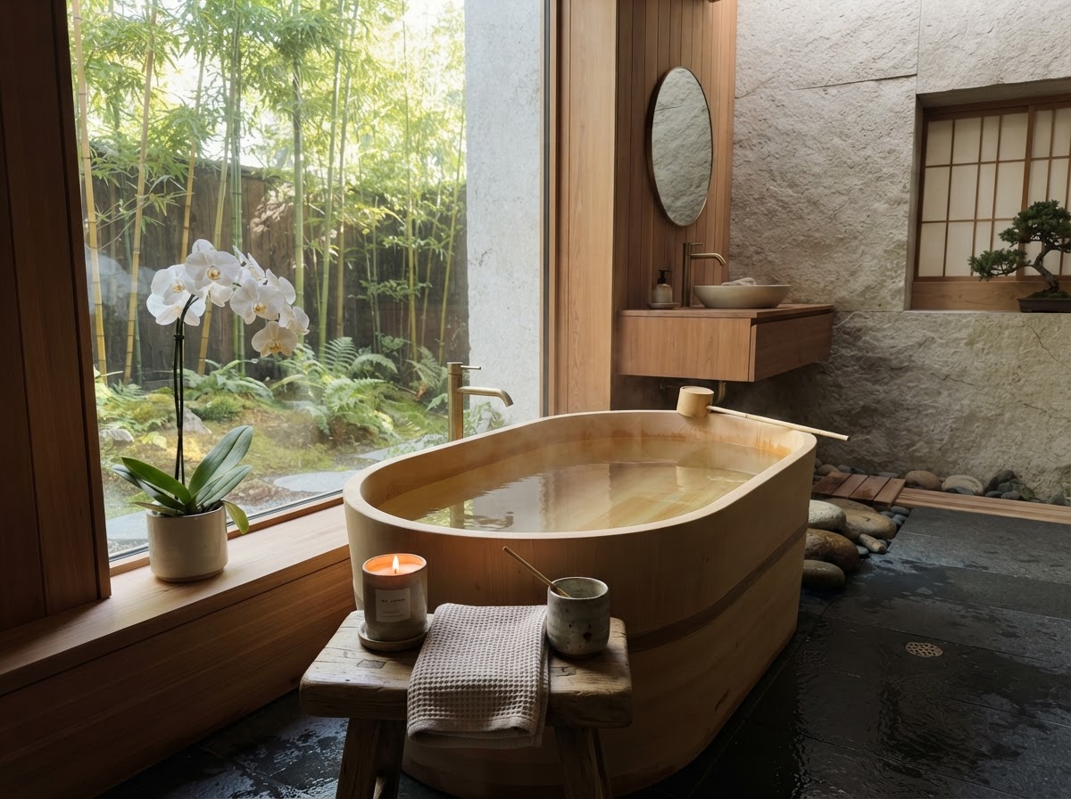 Zen bathroom retreat with stone, wood, bamboo, and orchid