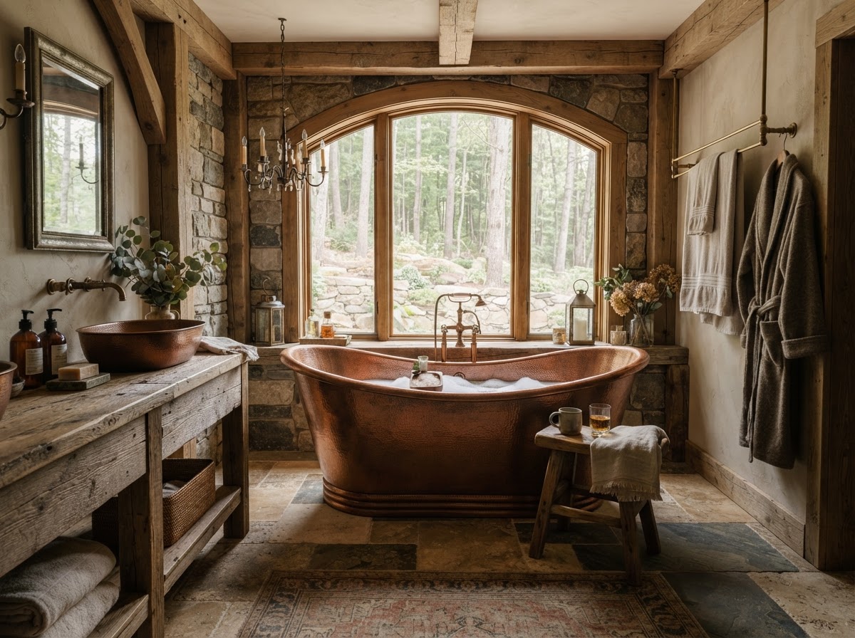 Hammered copper freestanding bathtub with stone floor and wood accents