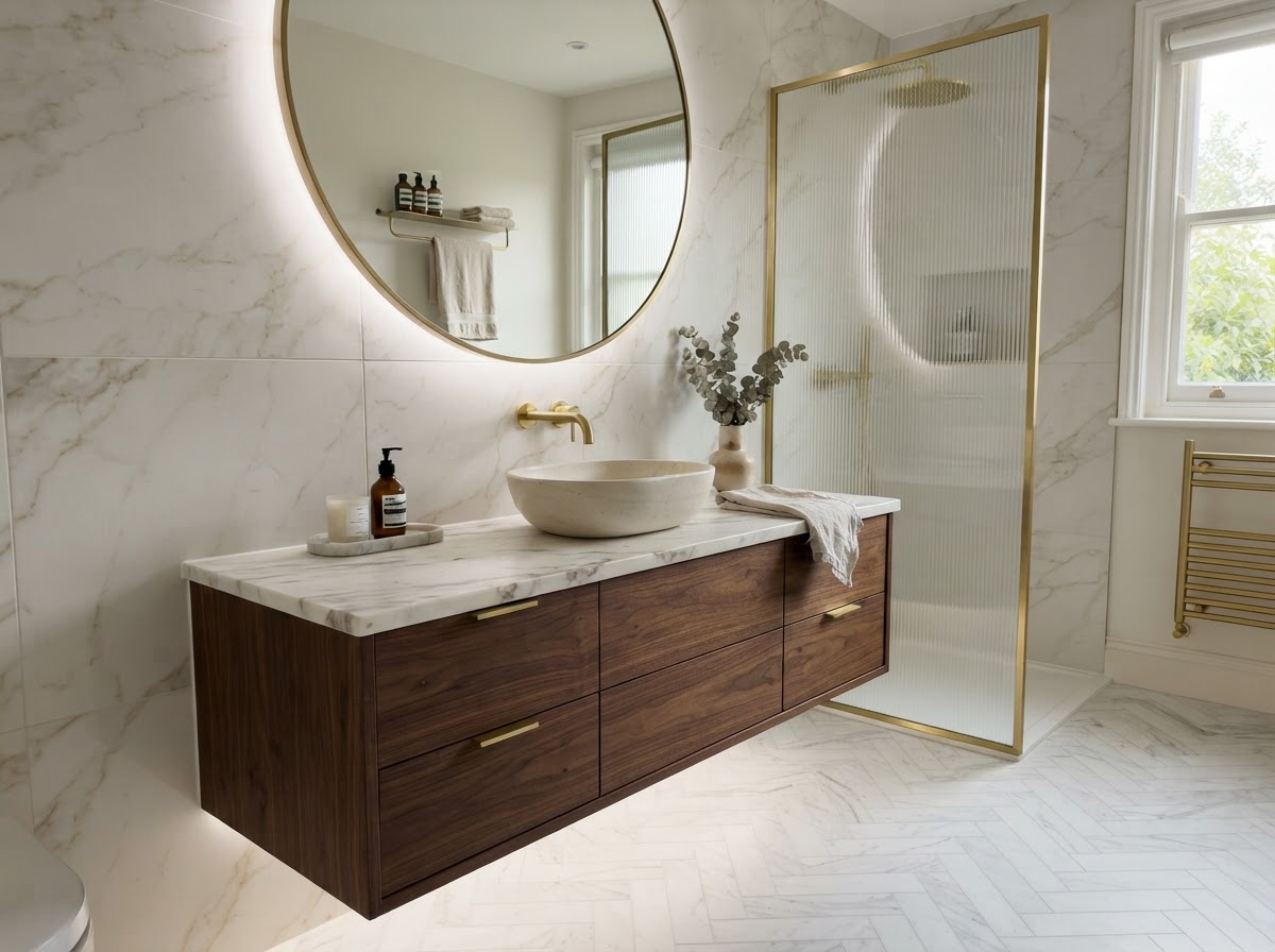 Modern floating vanity with marble top, vessel sink, and gold faucet