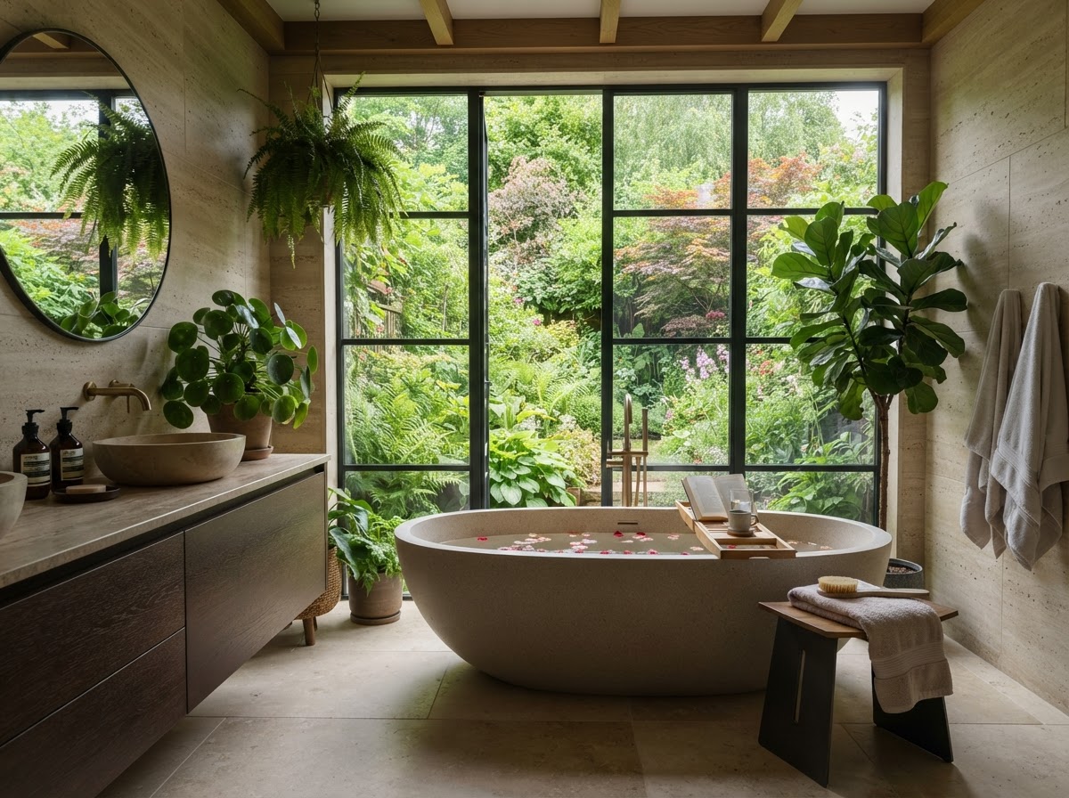 Garden view bathroom with large window, freestanding tub, and indoor plants
