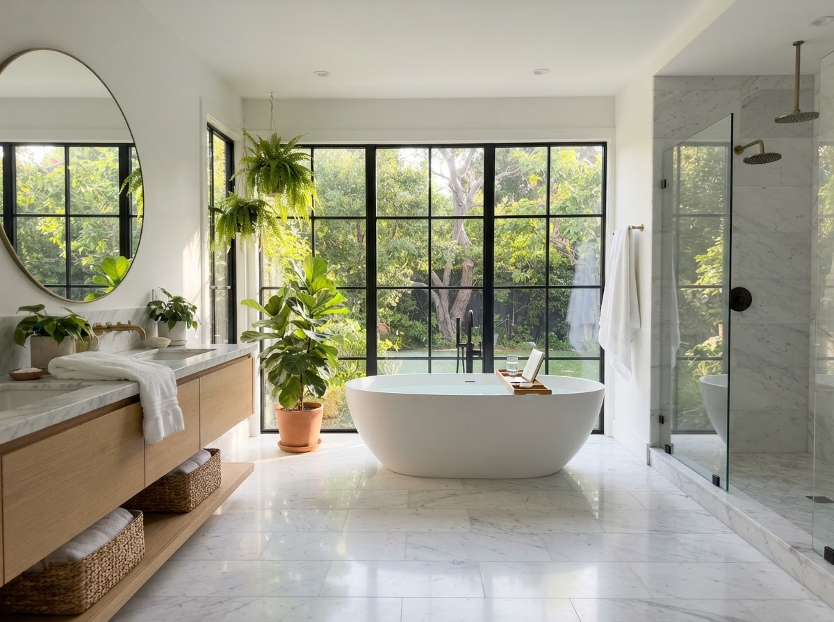 Bathroom filled with natural light from large windows with white marble and plants