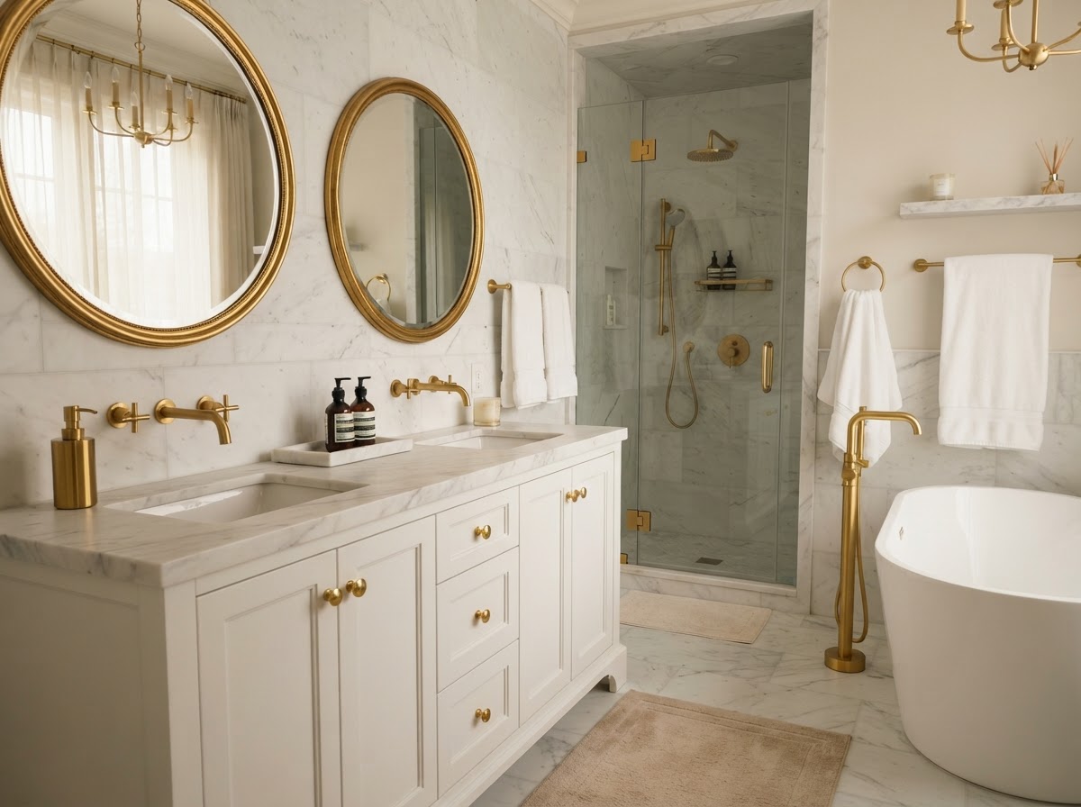 Gold hardware accents including knobs, faucets, and towel bars on marble