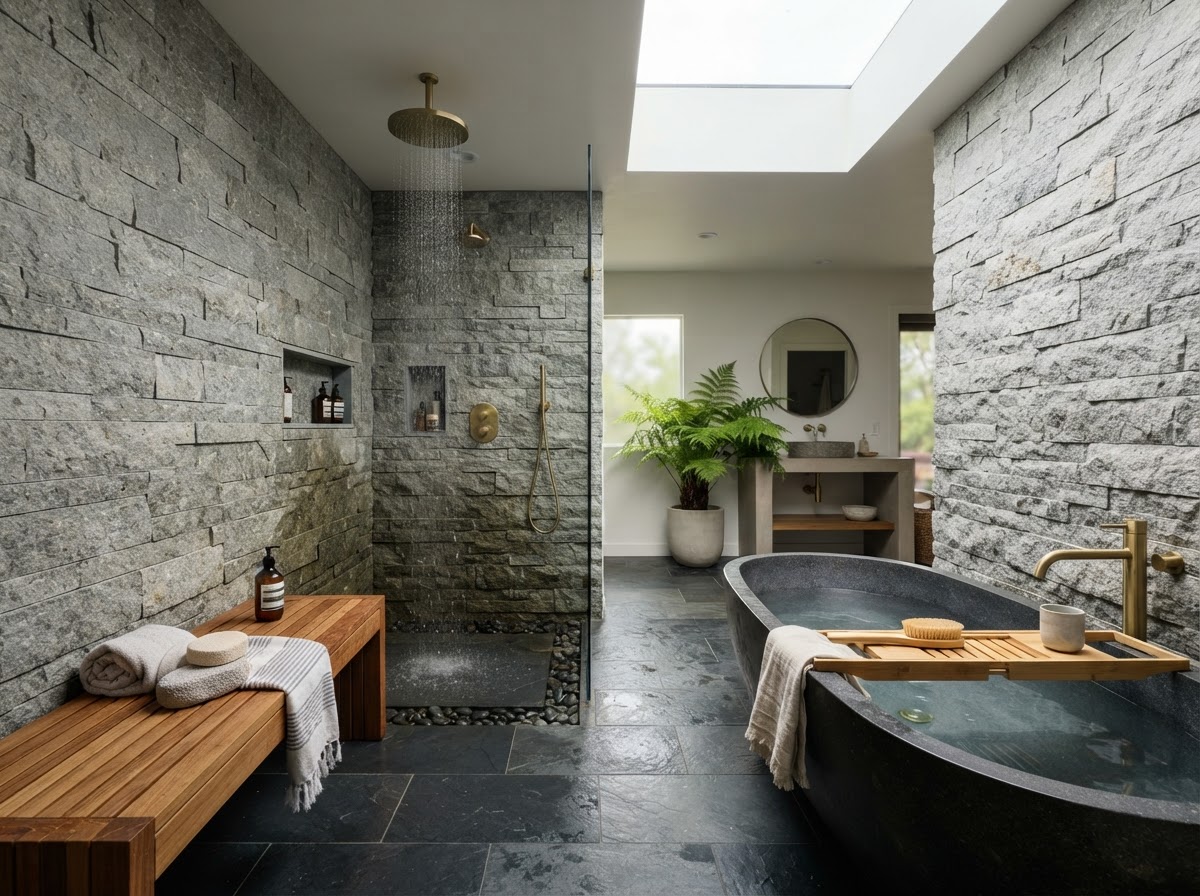 Spa-inspired wet room with stone walls, teak bench, and rain shower