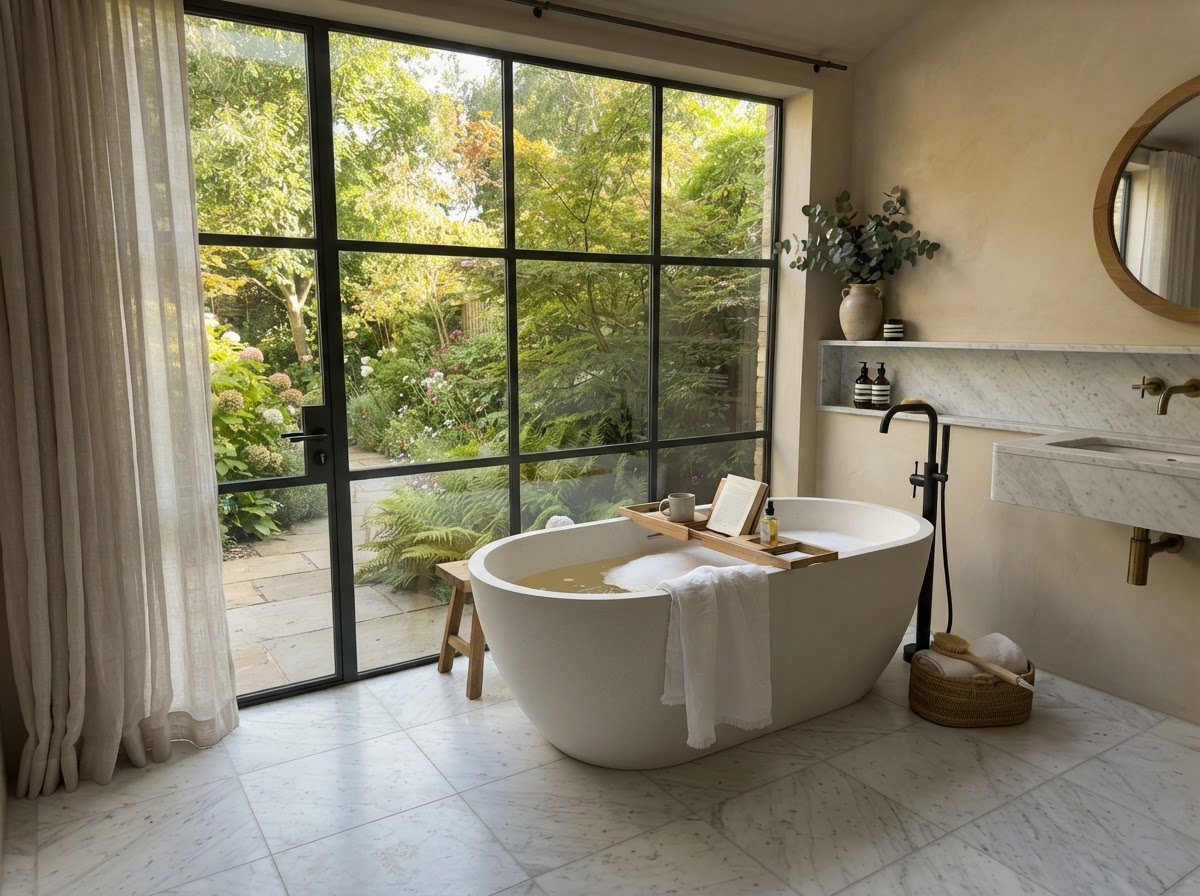 Freestanding white stone tub by large window with garden view