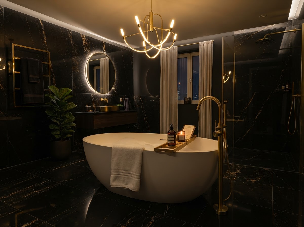 Dramatic black marble bathroom with gold fixtures and white freestanding tub