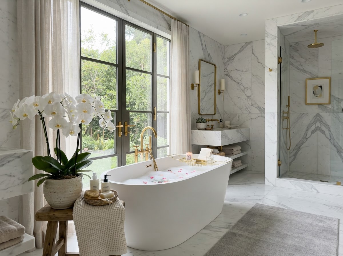 Luxury marble master bathroom with Carrara marble walls, gold fixtures, and freestanding tub