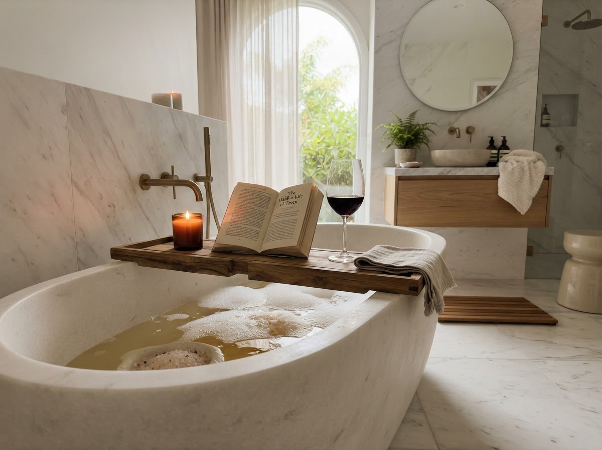 Wooden bath caddy across freestanding tub with candle and book
