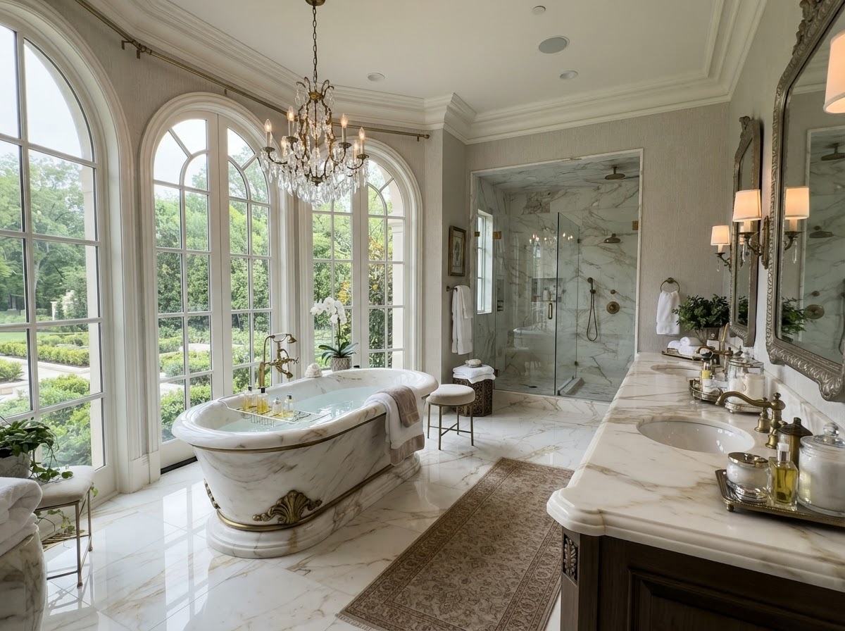 Grand master bathroom suite with marble floors, double vanity, and chandelier