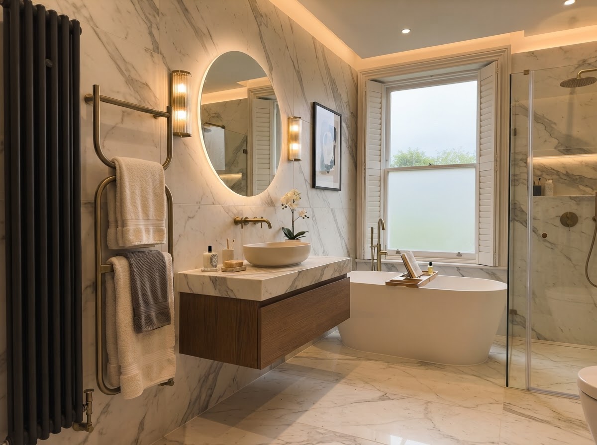 Designer radiator with sculptural heated towel rail on marble walls