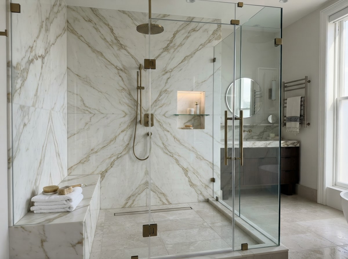 Marble slab shower walls with seamless stone panels and rain shower
