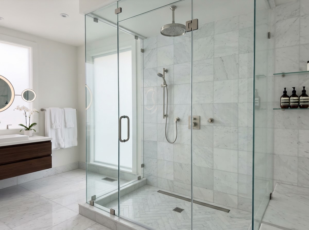 Glass enclosed shower with frameless panels and marble tile
