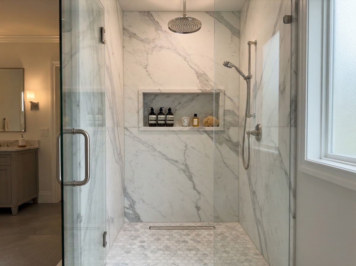 Marble niche shelving in shower with recessed shelves and glass door