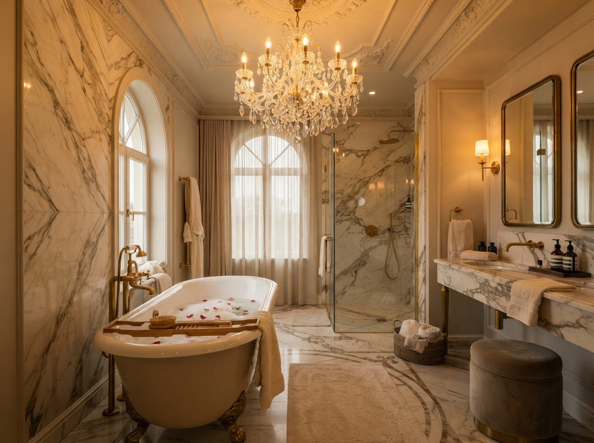 Luxury bathroom with crystal chandelier above freestanding tub
