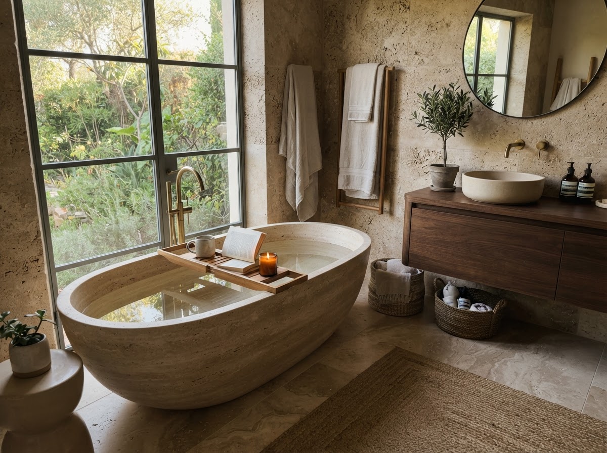 Luxury bathroom with natural travertine stone walls and freestanding tub