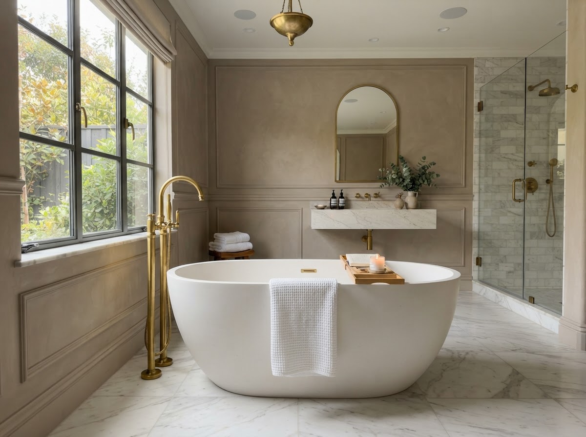 Floor-mounted brass tub filler beside freestanding tub on marble floor