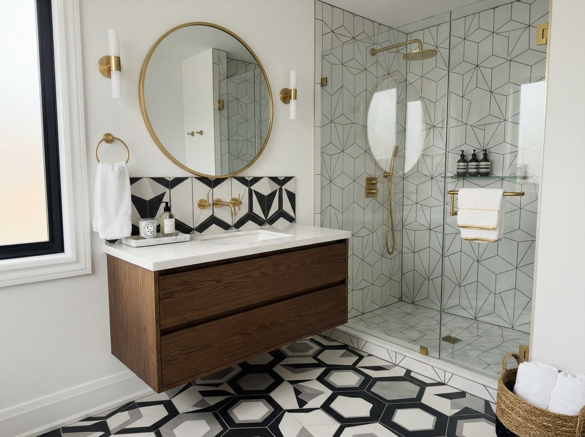 Geometric tile floor pattern with bold repeating shapes and gold fixtures