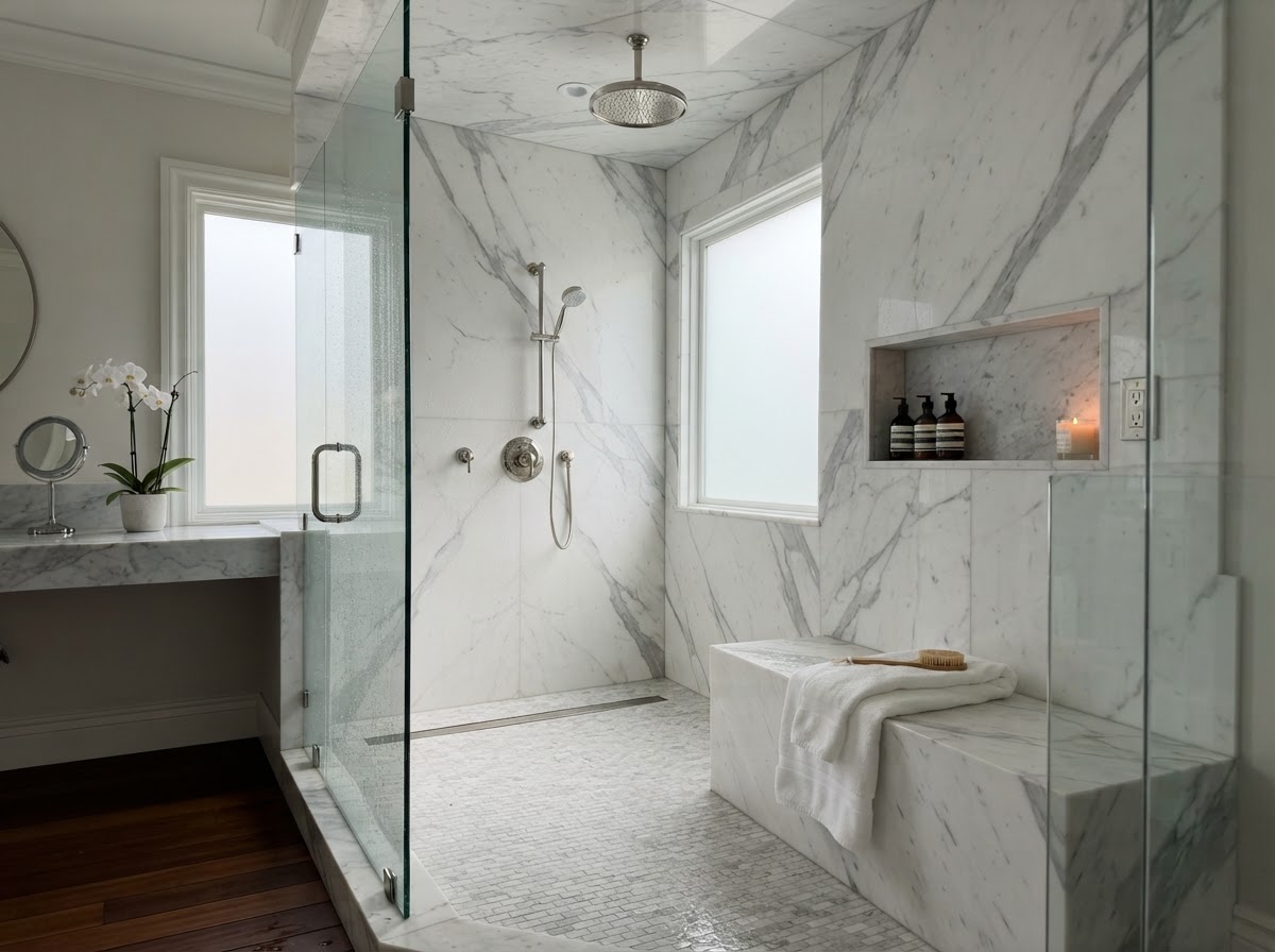 Walk-in shower with built-in marble bench and rain shower