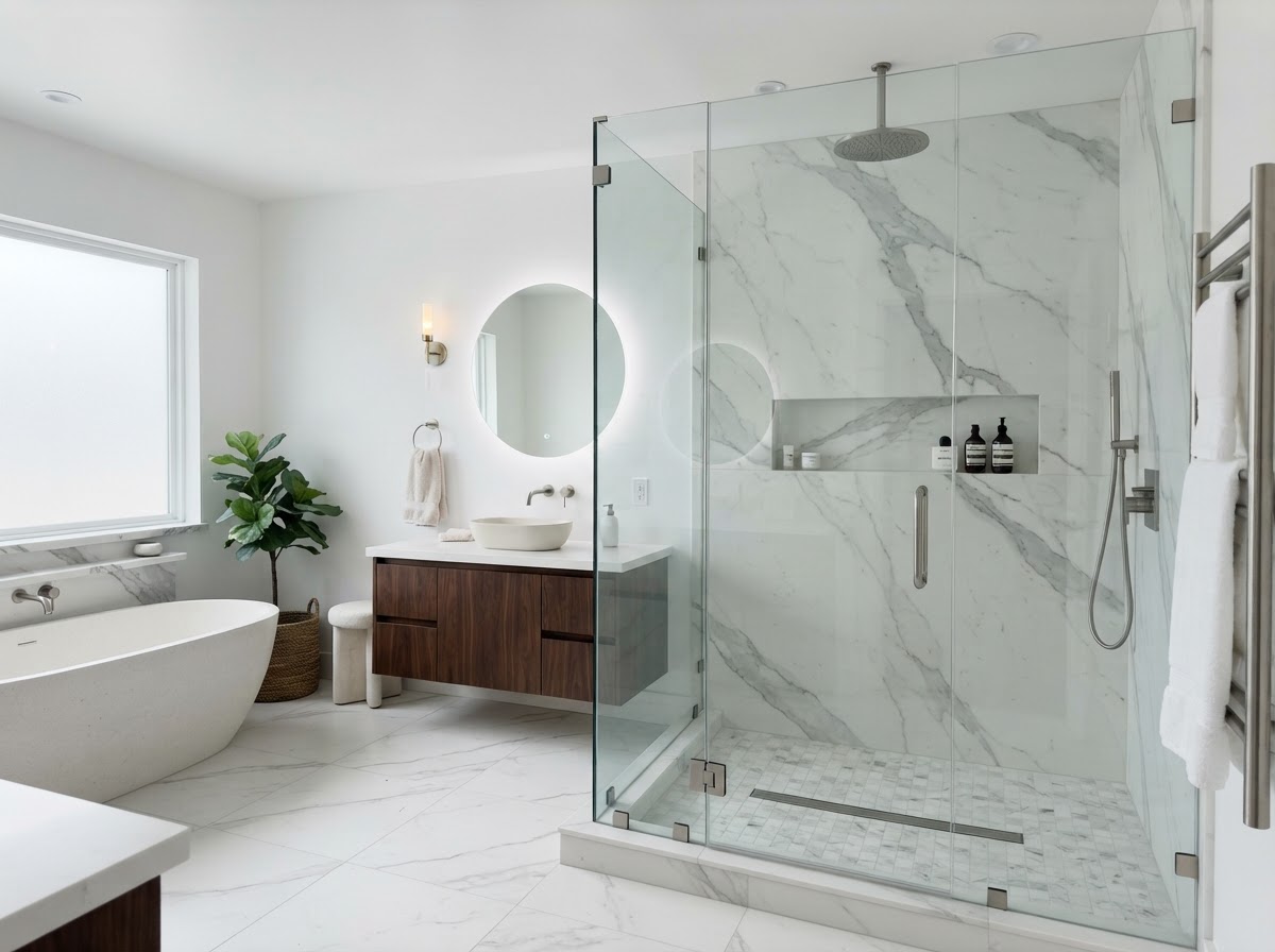 Frameless glass shower with seamless panels and marble interior