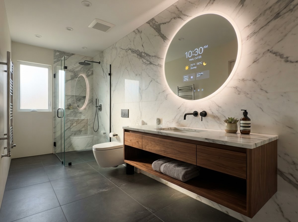 Smart mirror with digital display and LED backlighting in luxury bathroom
