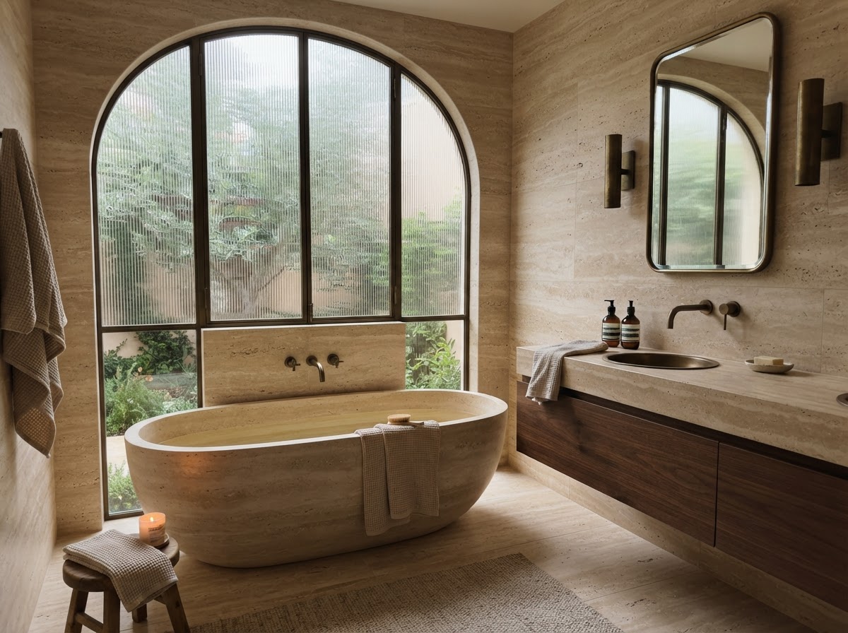Travertine bathroom with warm beige tones and bronze fixtures