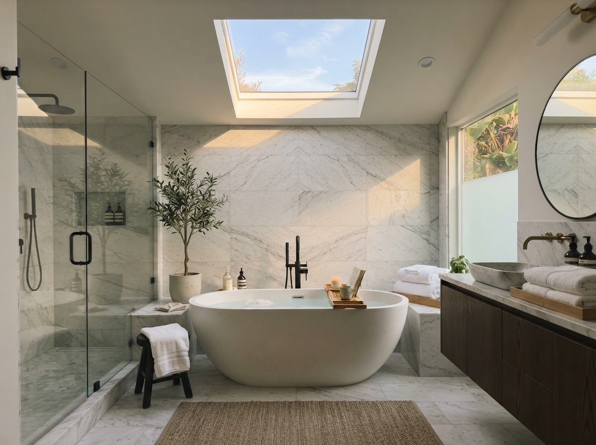 Freestanding tub beneath skylight with natural daylight streaming in