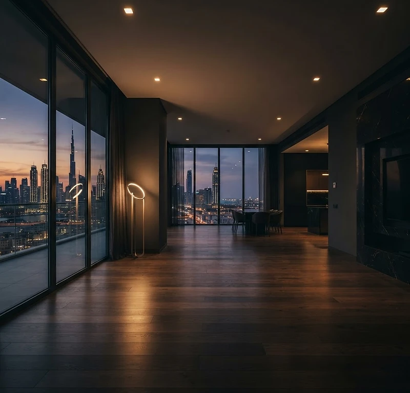 Luxury Dubai apartment overlooking the illuminated skyline at dusk