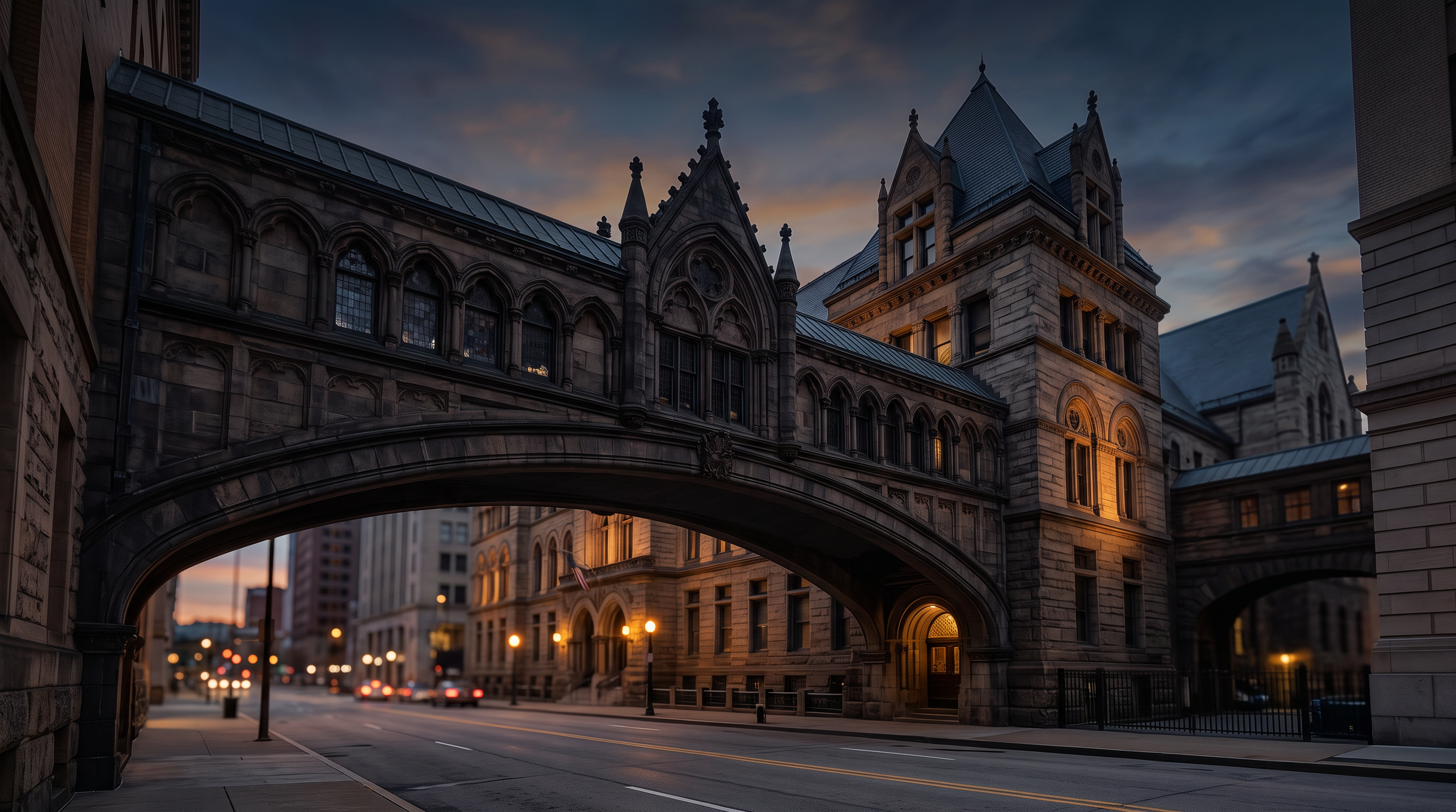 Pittsburgh Bridge of Sighs at twilight, illuminated stone arches of the Allegheny County Courthouse