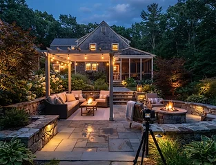 Outdoor living space with patio and landscape lighting