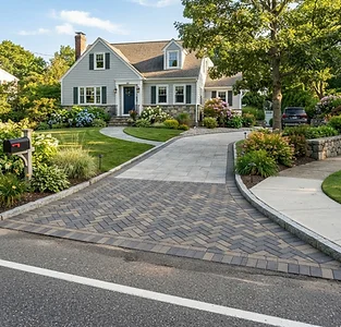 Paver driveway apron with herringbone pattern