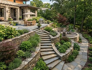 Multi-level backyard patio with stone steps