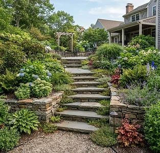 Stone steps connecting terraced backyard garden