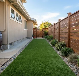Artificial turf side yard strip between fence and home